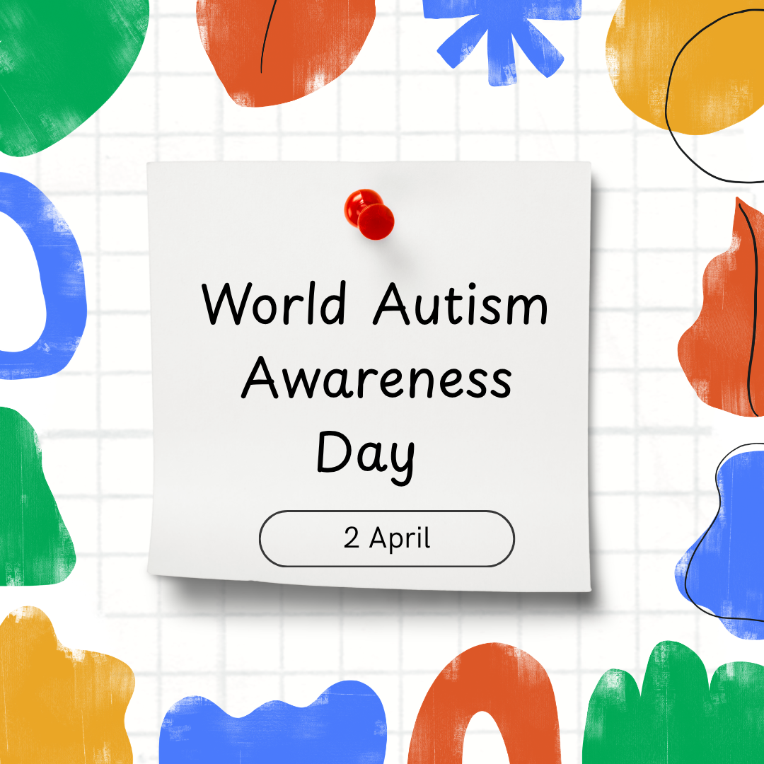 A graphic for World Autism Awareness Day. A central white square note is pinned with a red pushpin to a white grid background. The text on the note reads "World Autism Awareness Day" with the date "2 April" inside a small oval border at the bottom. The note is surrounded by a border of large, colorful abstract shapes in shades of green, blue, orange, and red.