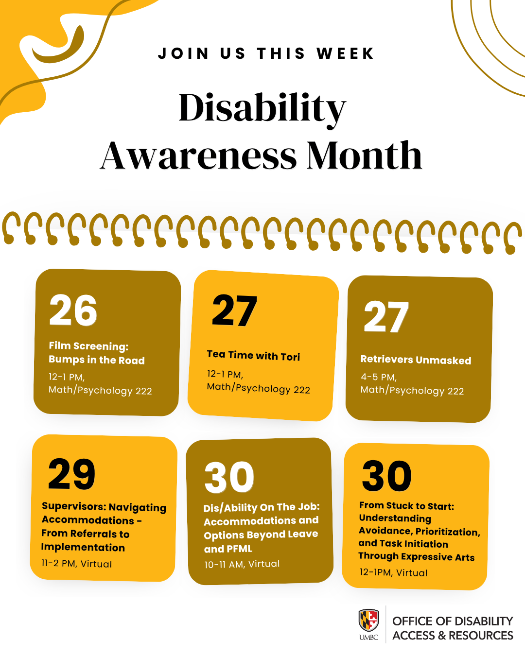The poster features six events in October, displayed in six alternating gold and yellow rounded rectangles on a white background with black text.