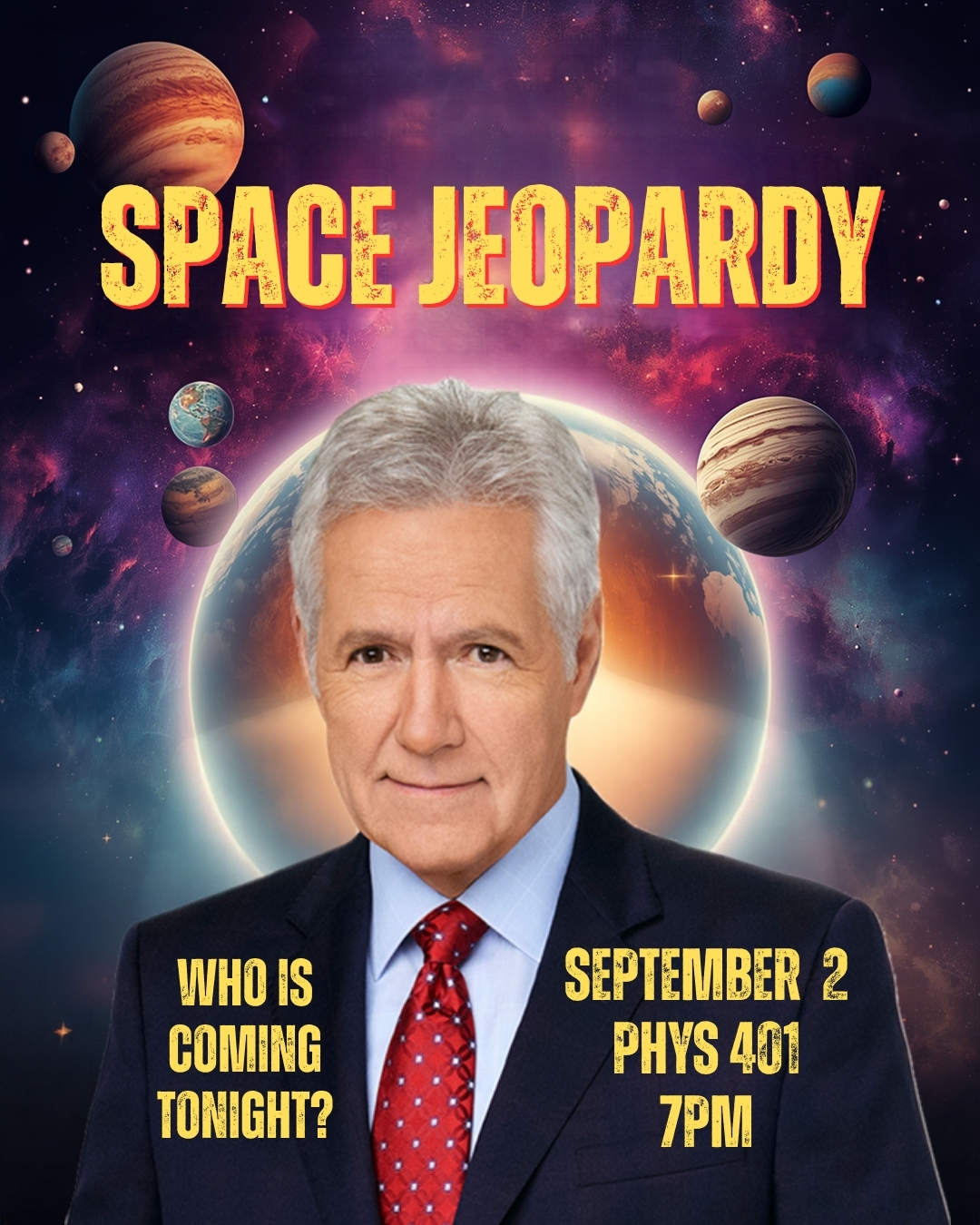Who is coming tonight 👀??? For our first meeting of the semester, we’ll be doing SPACE JEOPARDY in PHYS 401 starting at 7pm. See you tonight ⭐️