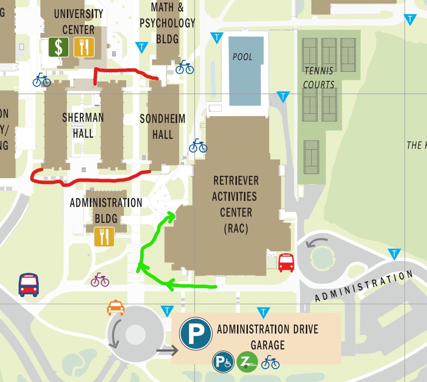Campus Map with a green arrow showing the direction to line up to enter the Career Fair at the RAC.