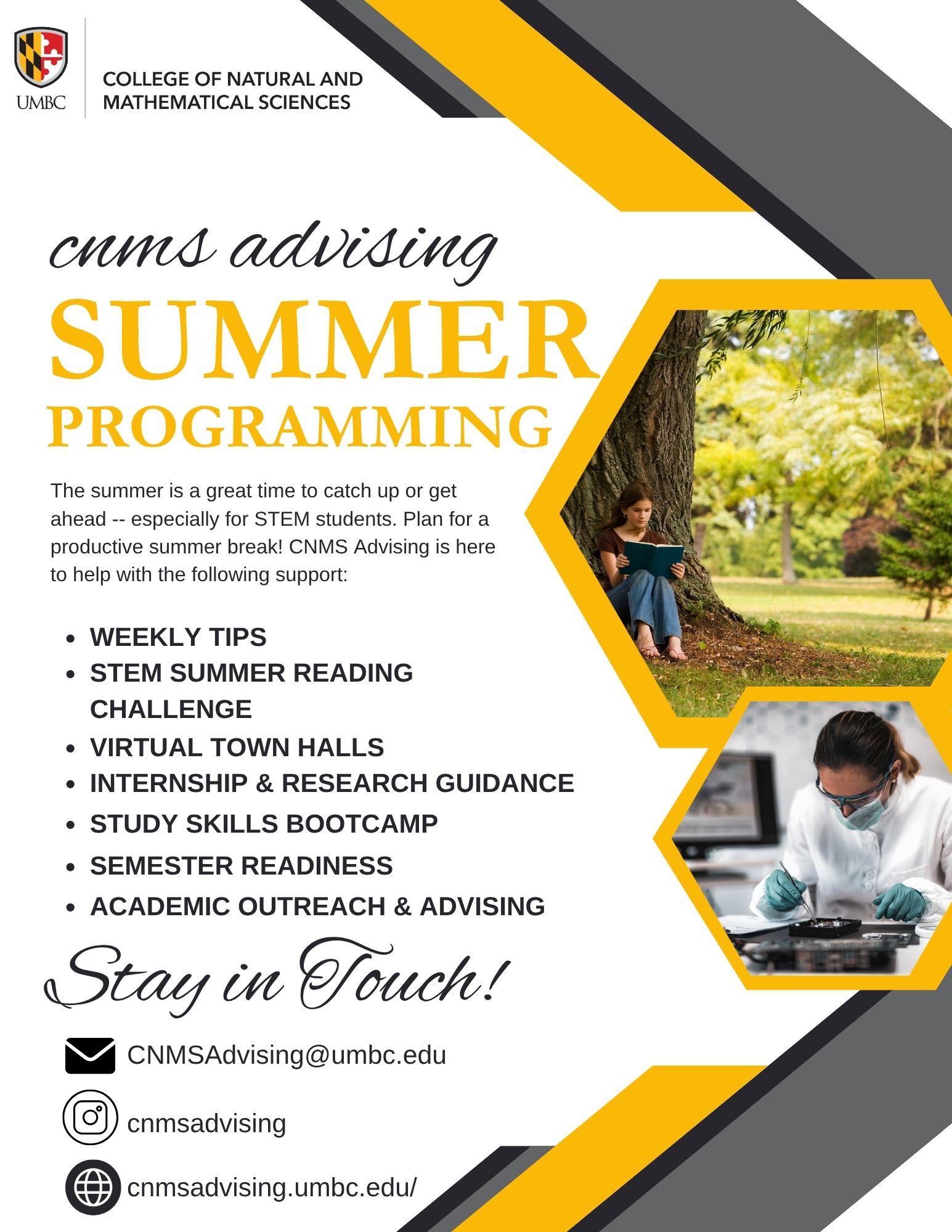 Flyer outlining CNMS Summer Programming including weekly tips, STEM summer reading challenge, virtual town halls, internship & research guidance, study skills bootcamp, semester readiness, and academic outreach and advising.