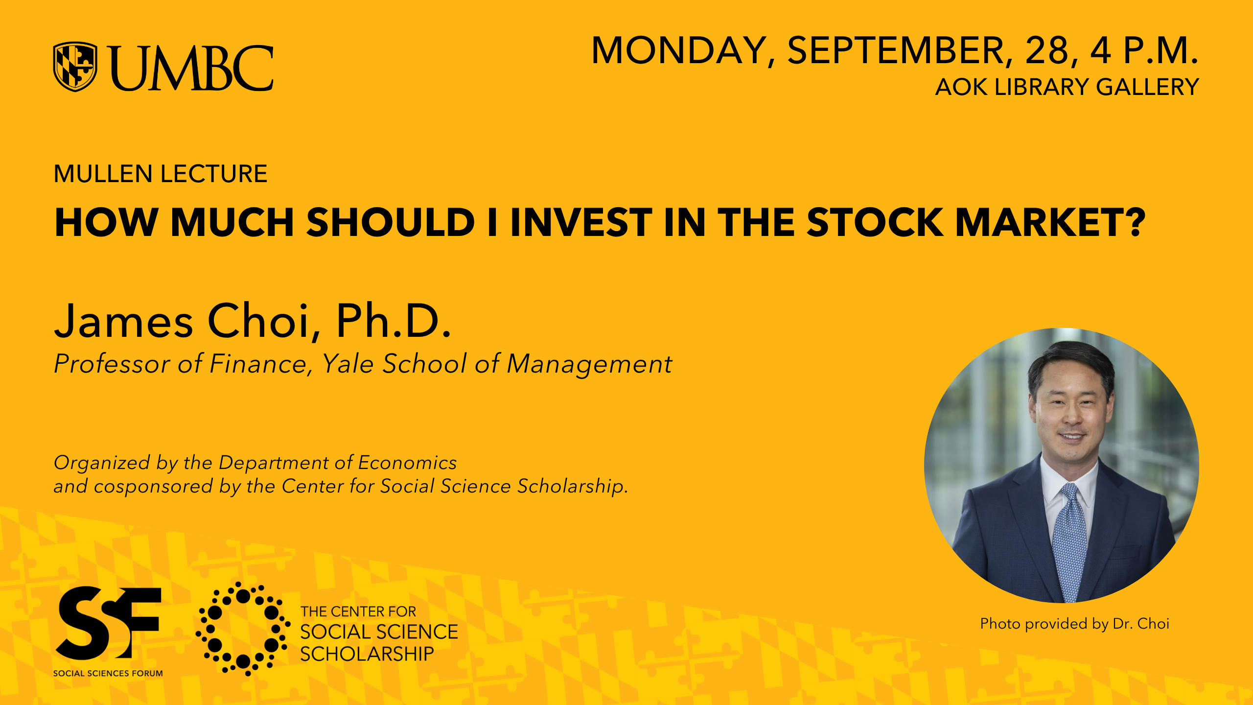 gold promo slide listing event details, photo of Dr. Choi, and UMBC logos