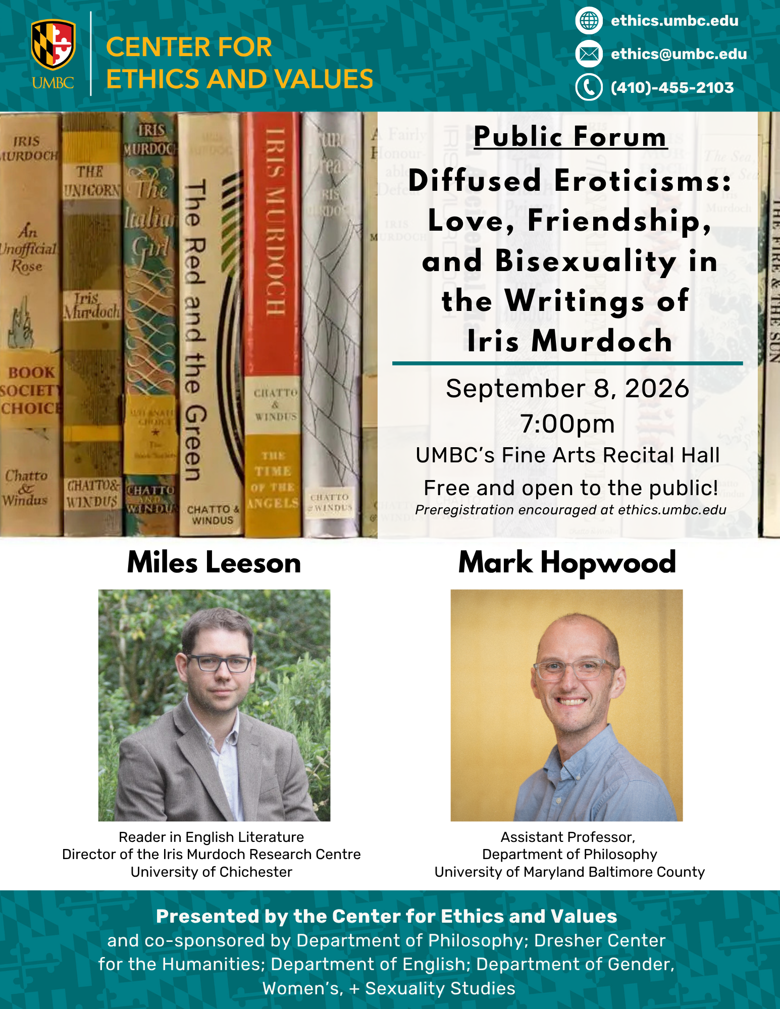 An image promoting an event called, "Diffused Eroticisms: Love, Friendship, and Bisexuality in the Writings of Iris Murdoch"