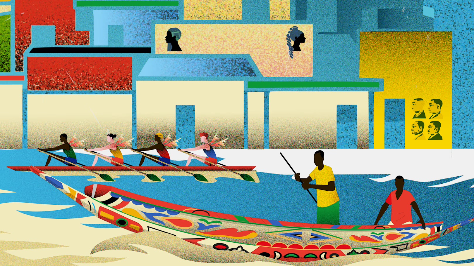 A colorful painting depicting people in boats on a river