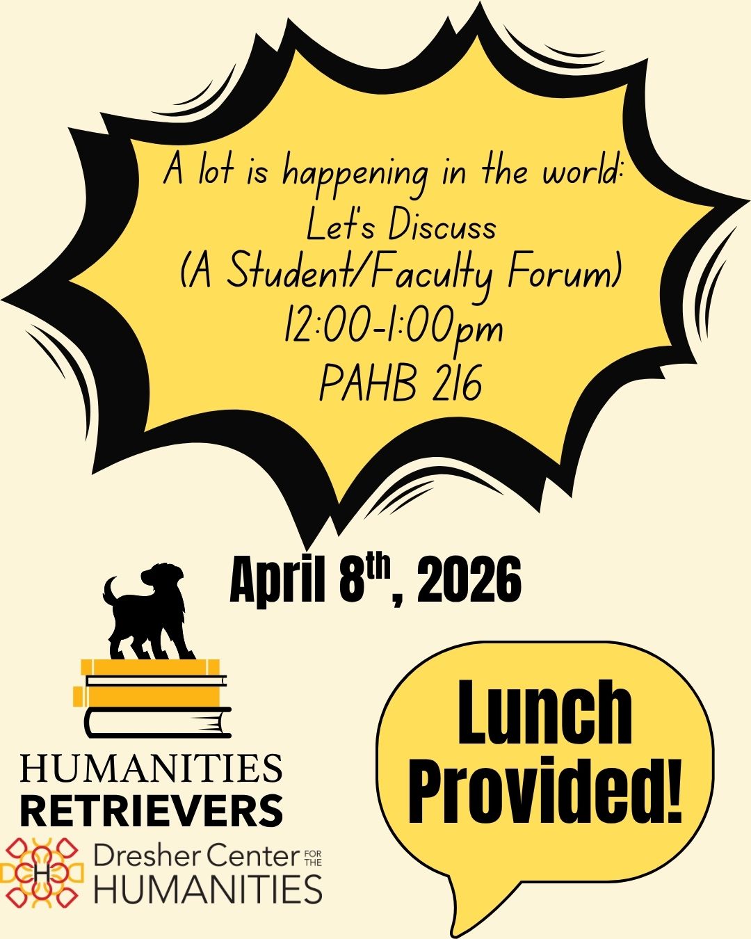 Flyer with yellow graphic announcing student faculty form with logo of dog silhouette on stack of books