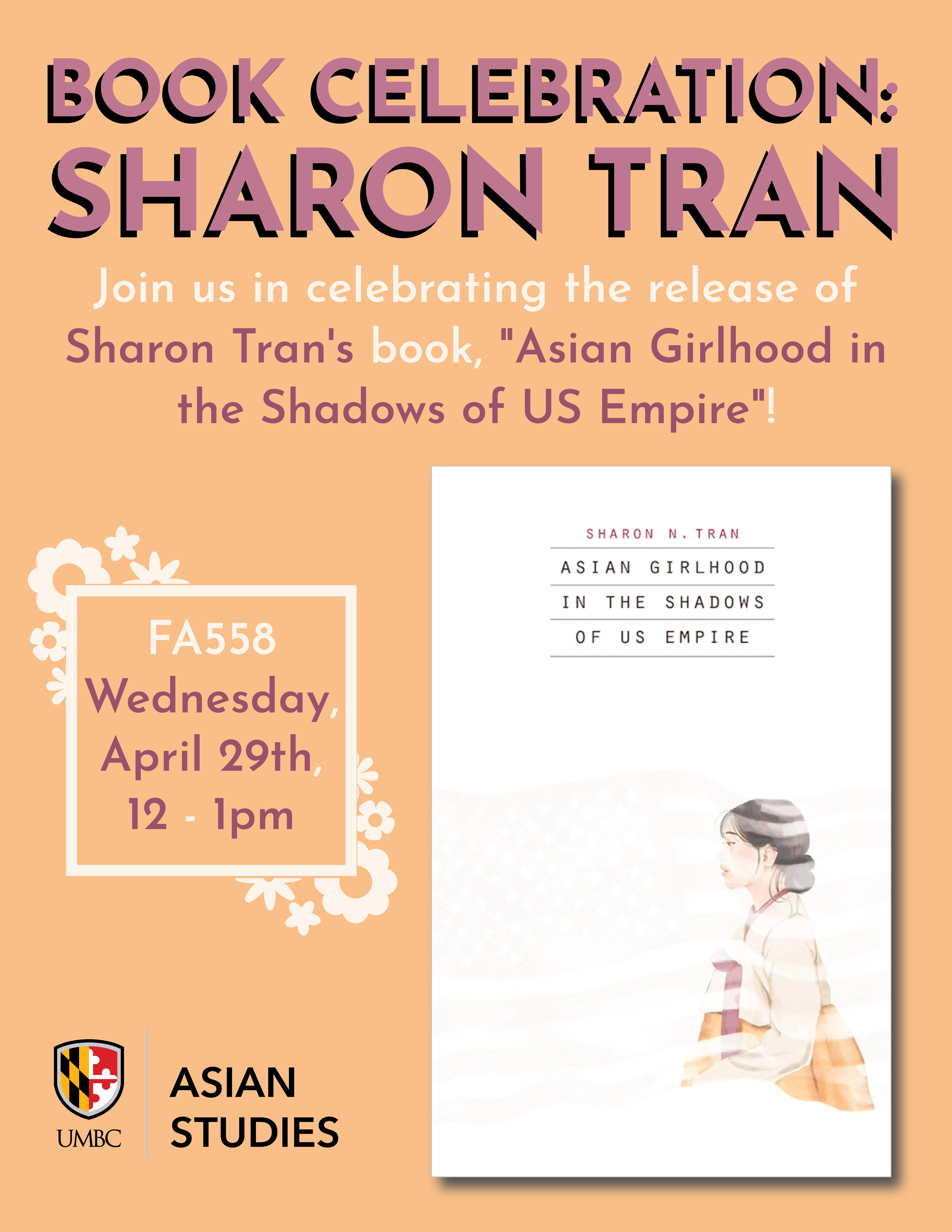 Flyer with light orange background for Sharon Tran's book celebration with image of book cover
