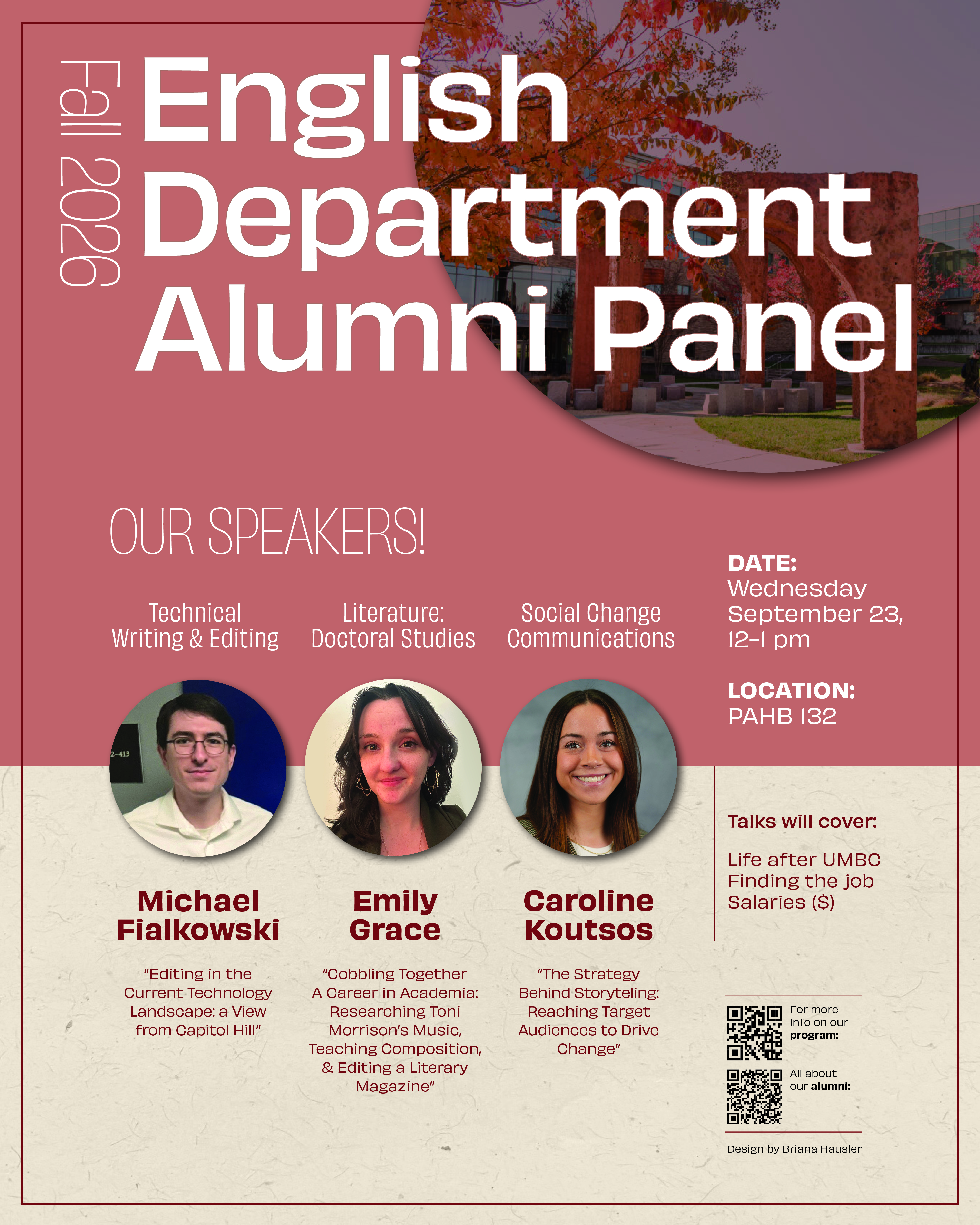 Flyer for Fall 2026 English Department Alumni Panel with a reddish-orange background and photos of three speakers