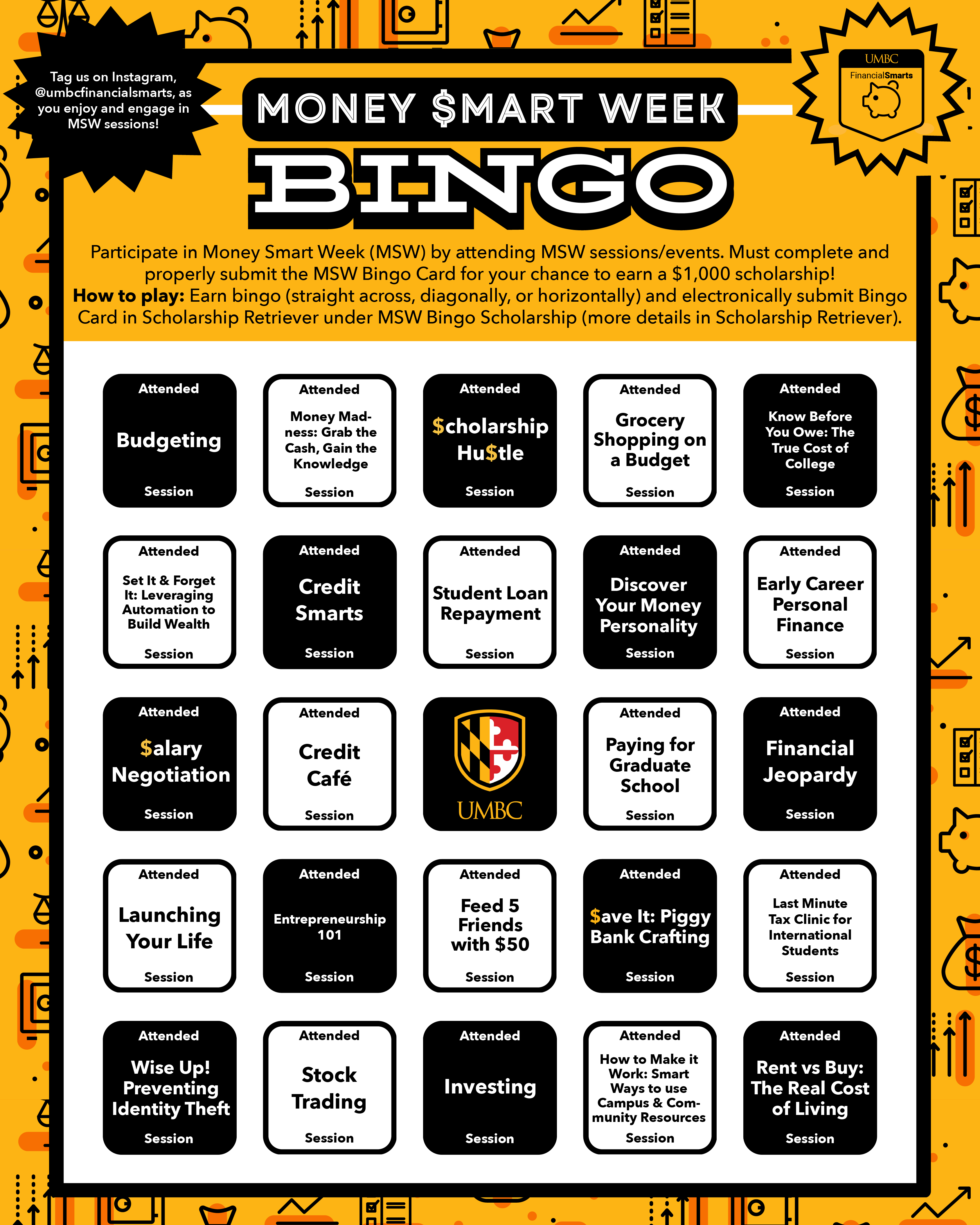 Money Smart Week 2026 Bingo Card with all Money Smart Week 2026 sessions in each box
