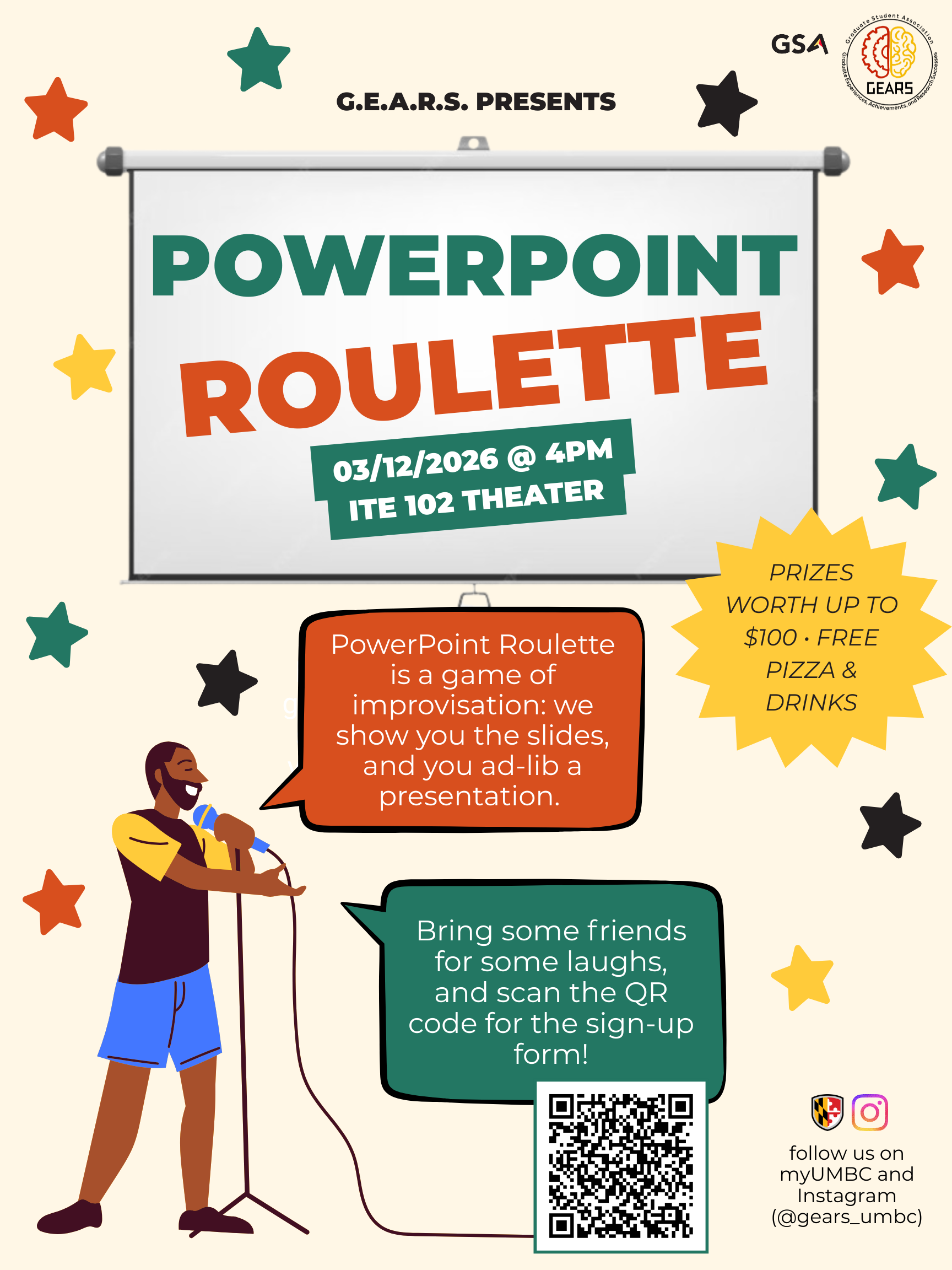 Event flyer for G.E.A.R.S. Presents: Powerpoint Roulette on 03/12/2026 at 4PM in ITE 102 Theater. Features free pizza and drinks, prizes worth up to $100, and a QR code to sign up. Follow @gears_umbc on Instagram and myUMBC for updates.