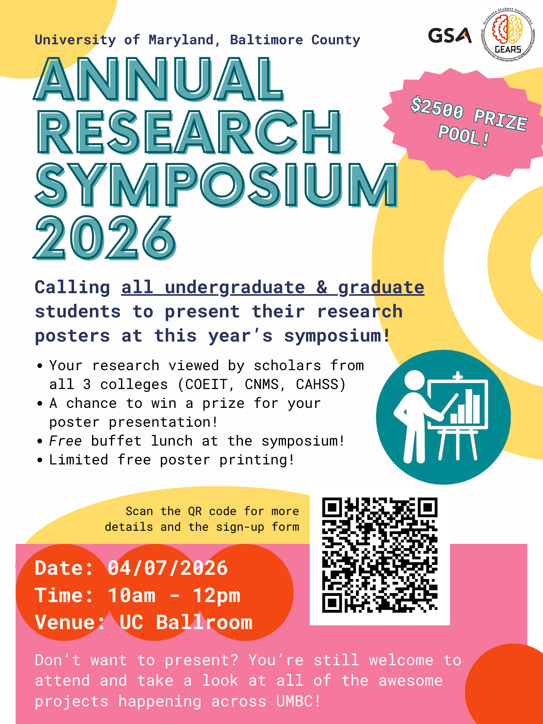 Colorful event flyer for the UMBC Annual Research Symposium 2026, hosted by GSA and GEARS. Large teal block text reads "Annual Research Symposium 2026" on a white background with yellow and pink decorative shapes. A pink starburst graphic highlights a $2,500 prize pool. Body text invites all undergraduate and graduate students to present research posters, with bullet points noting cross-college visibility, prizes, free buffet lunch, and limited free poster printing. Event details: April 7, 2026, 10am–12pm, UC Ballroom. Includes a QR code linking to more details and the sign-up form.