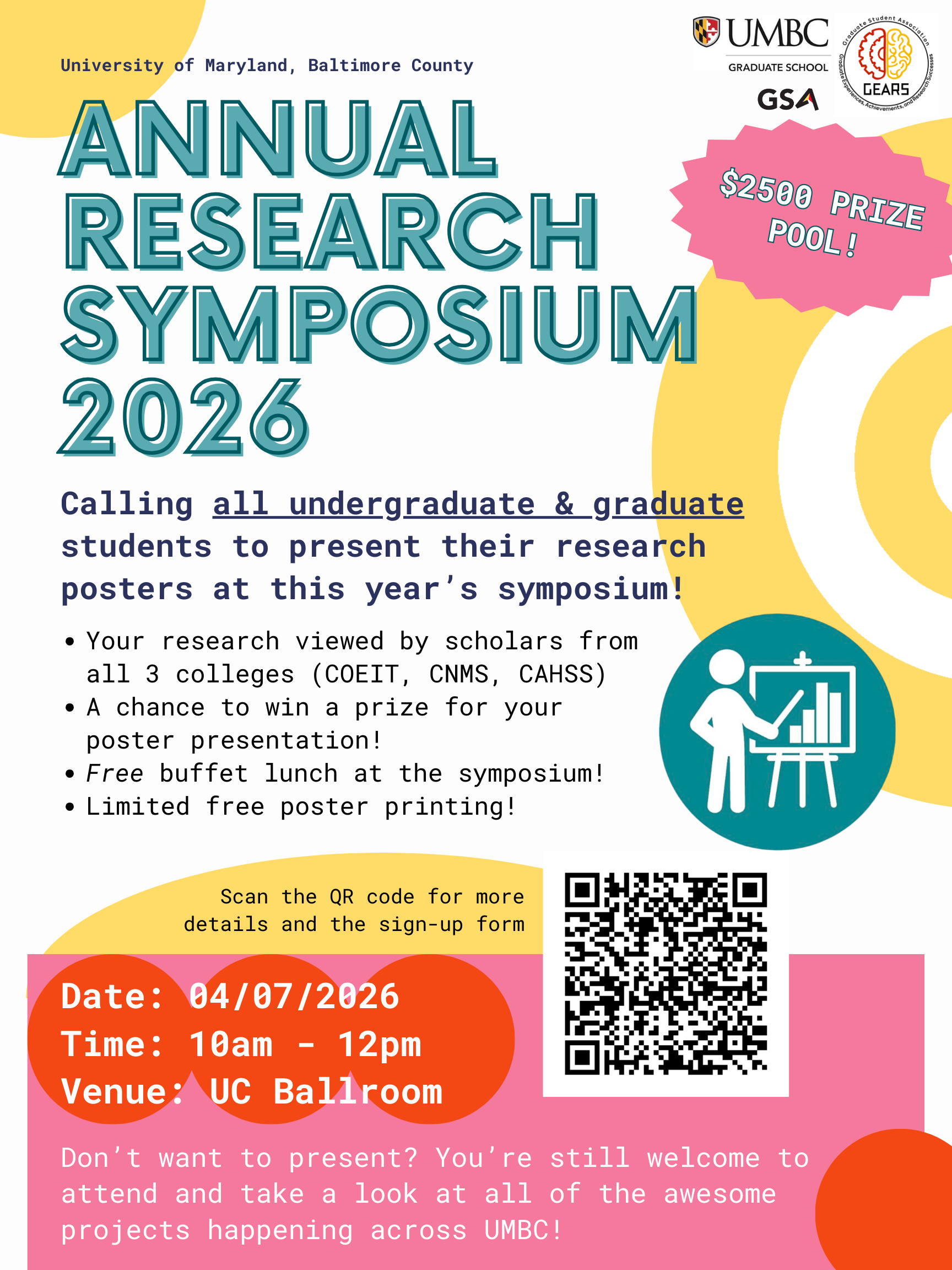 Colorful event flyer for the UMBC Annual Research Symposium 2026, hosted by GSA and GEARS. Large teal block text reads "Annual Research Symposium 2026" on a white background with yellow and pink decorative shapes. A pink starburst graphic highlights a $2,500 prize pool. Body text invites all undergraduate and graduate students to present research posters, with bullet points noting cross-college visibility, prizes, free buffet lunch, and limited free poster printing. Event details: April 7, 2026, 10am–12pm, UC Ballroom. Includes a QR code linking to more details and the sign-up form.