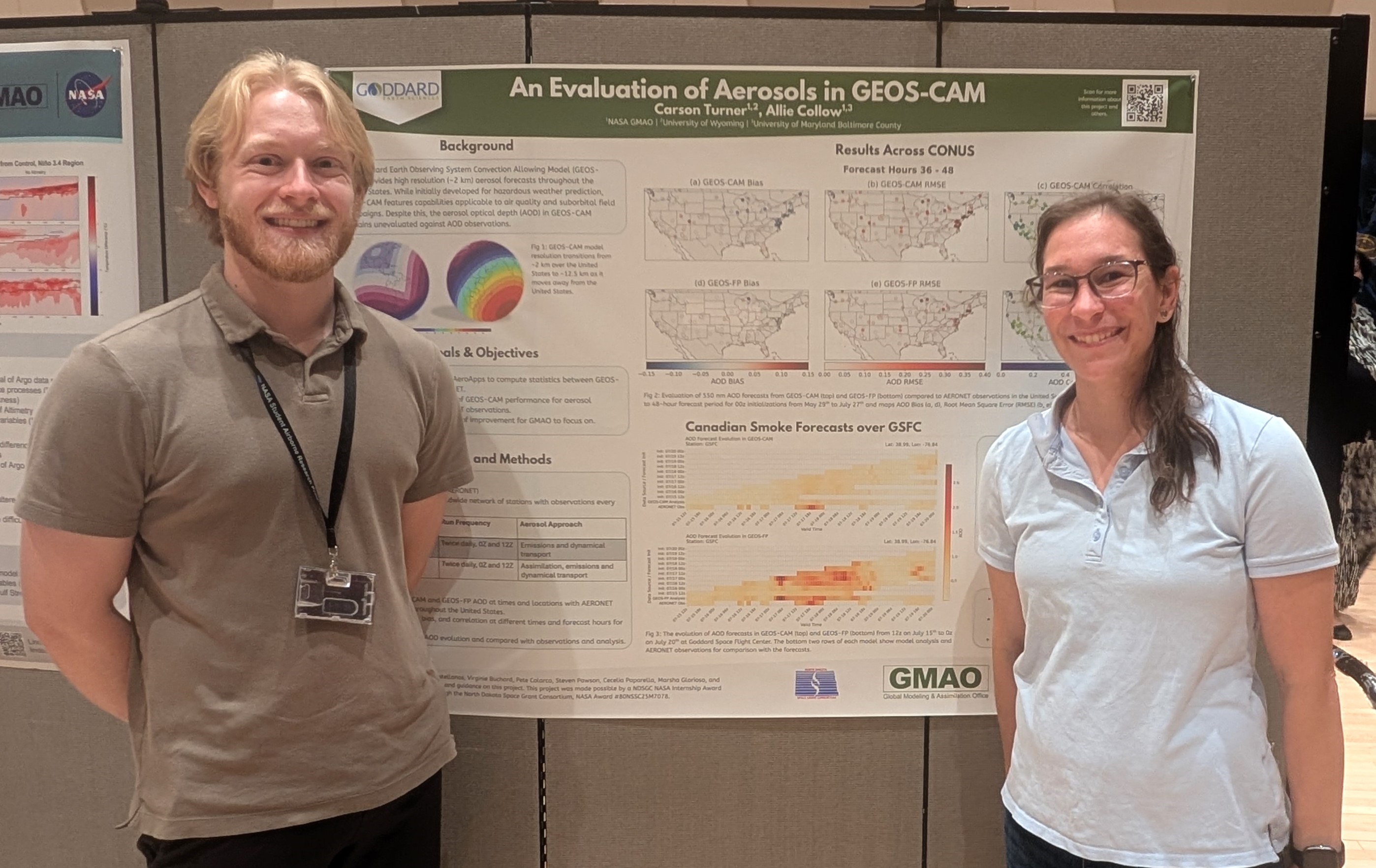 Carson Turner and Allie Collow stand on either side of their poster which is on a gray posterboard.