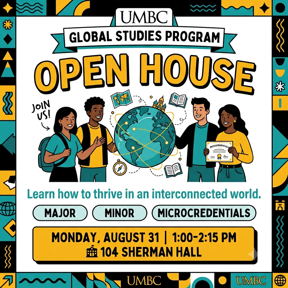 Graphic of Open House with all event details as specified in the listing, illustration of four happy students standing around a globe