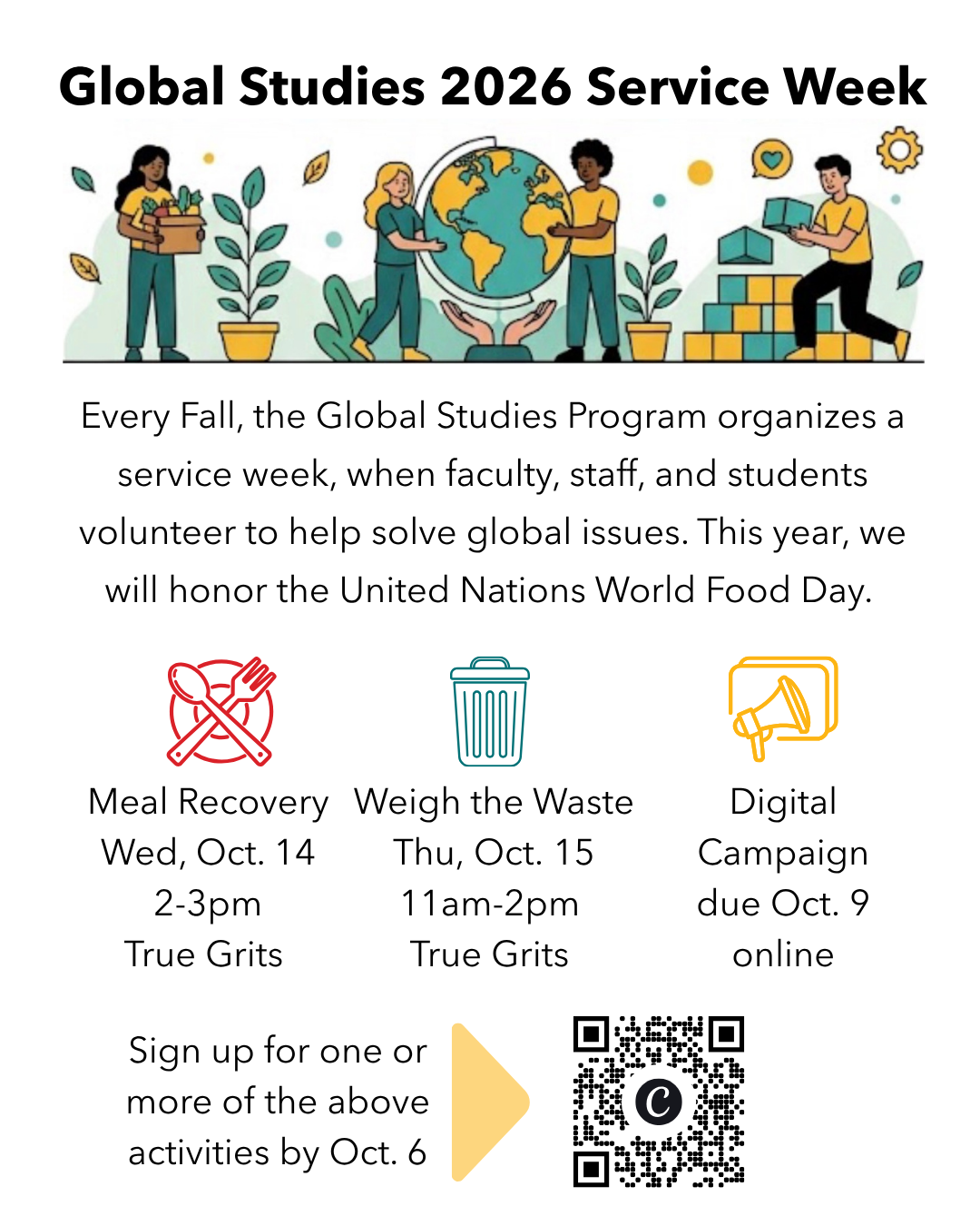 Every Fall, the Global Studies Program organizes a service week, when faculty, staff, and students volunteer with programs that help solve global issues. It's an opportunity for us to do good and build community. This year, our service week will honor the United Nations World Food Day (October 16). Please complete the form below to sign up for one or more of the activities we have organized in partnership with the UMBC Office of Sustainability.