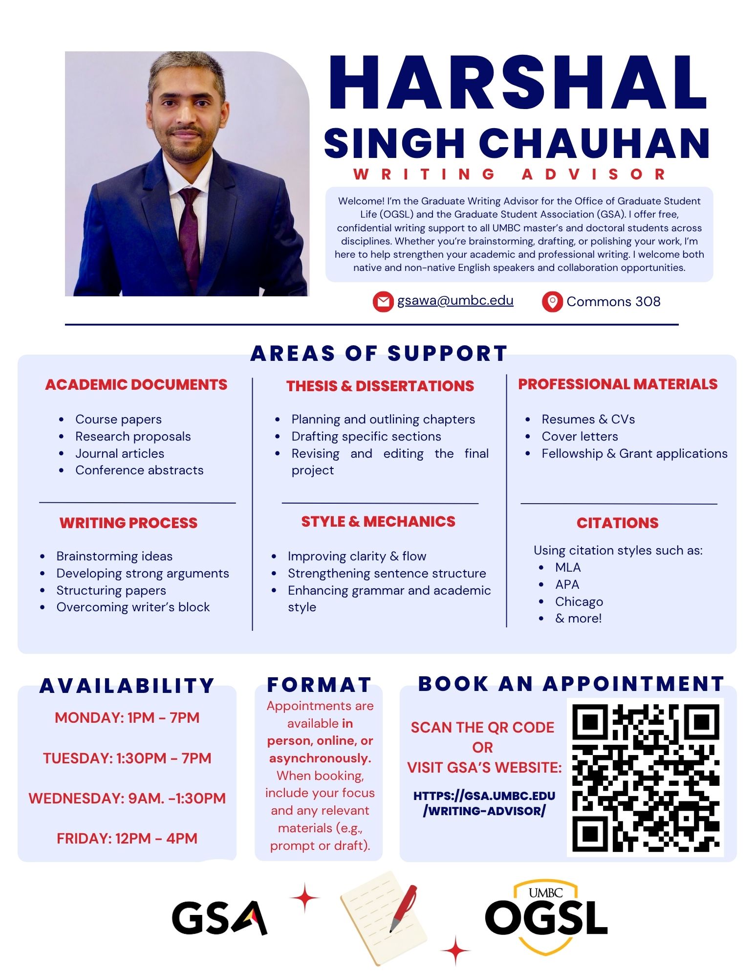 Flyer featuring Harshal Singh Chauhan, Graduate Writing Advisor, with details on writing support areas, appointment formats, hours, and a QR code for booking.