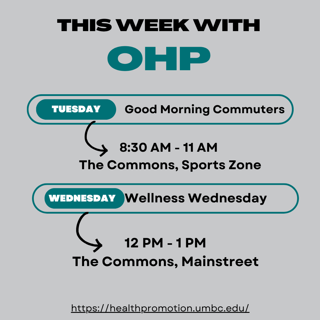 Weekly event schedule for OHP. Tuesday: "Good Morning Commuters" at 8:30 AM, Wednesday: "Wellness Wednesday" at 12 PM. Location is The Commons, UMBC.