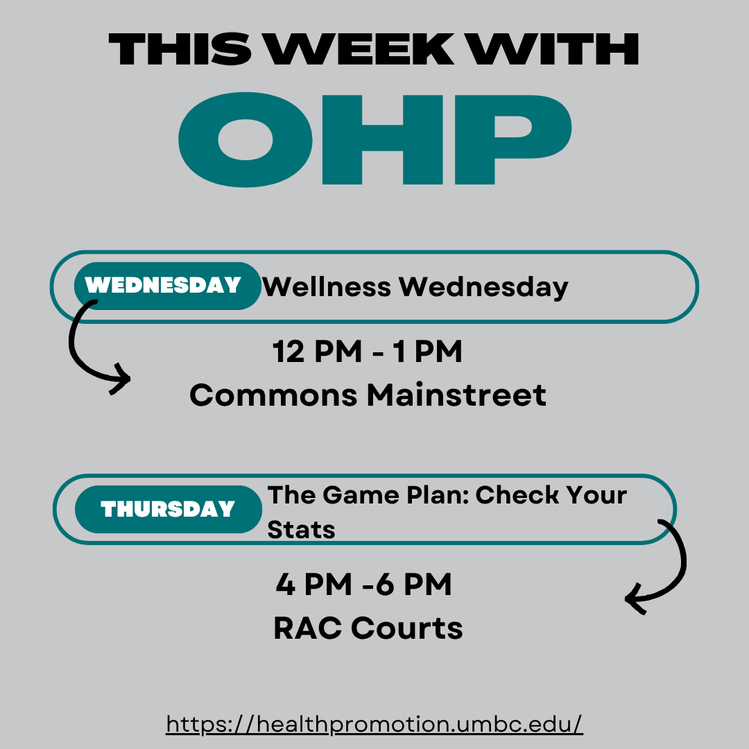 Gray background, teal and black lettering. Wellness Wednesday, Mainstreet from 12 to 1 PM. The Game Plan: Check You Stats, Wednesday from 4-6 PM on the RAC Courts.