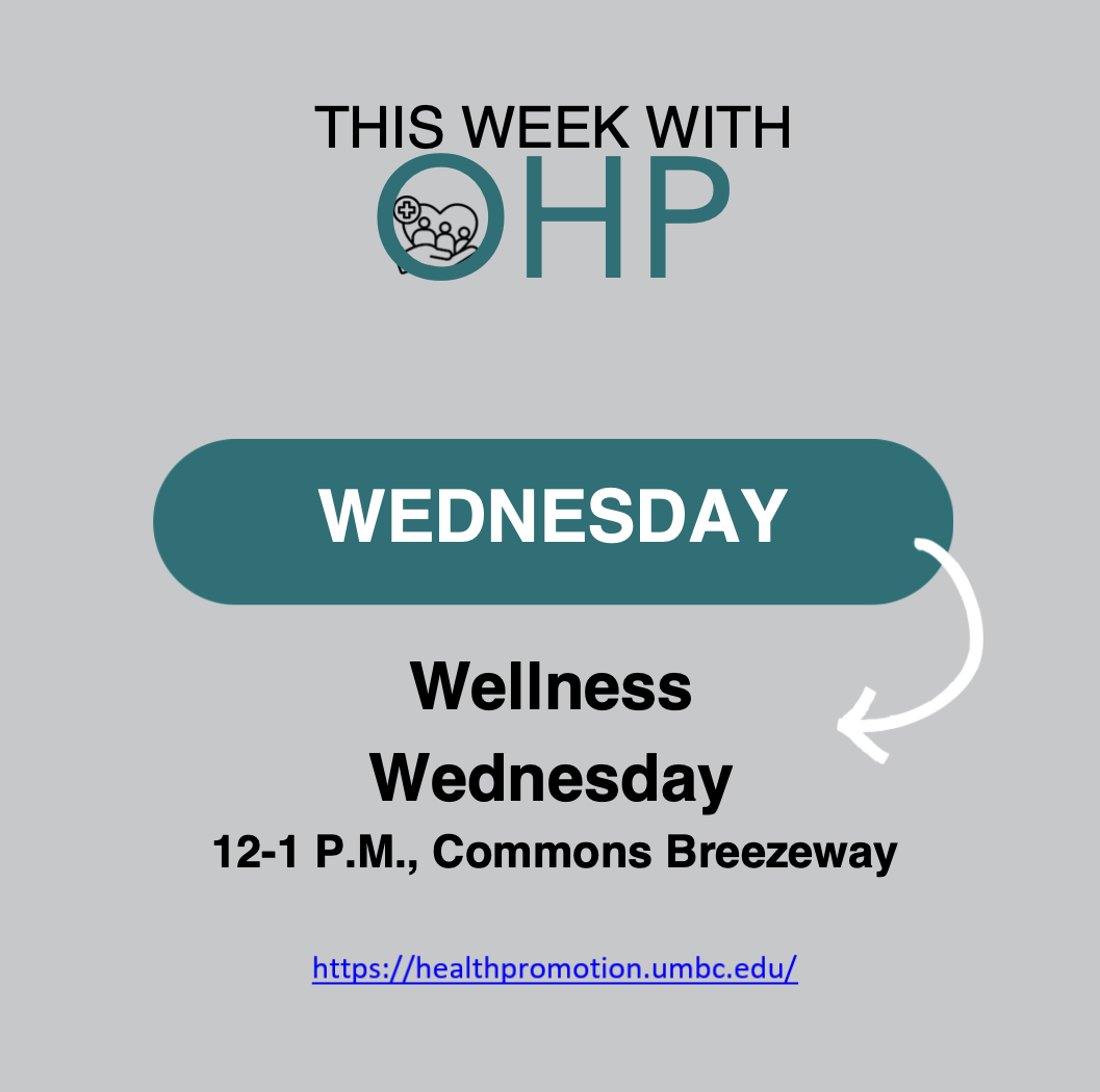Graphic titled “This Week with OHP.” It highlights Wellness Wednesday, taking place 12–1 P.M. at Commons Breezeway. The OHP logo appears at the top, with a teal banner labeled “Wednesday” and an arrow pointing toward the event details. The Health Promotion website is listed at the bottom
