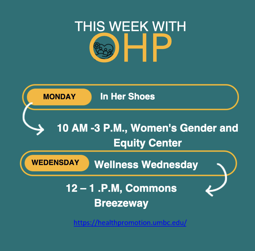 This Week with OHP graphic on a teal background with yellow accents. Monday: In Her Shoes, 10 a.m.–3 p.m. at the Women’s Gender and Equity Center. Wednesday: Wellness Wednesday, 12–1 p.m. in the Commons Breezeway. The UMBC Office of Health Promotion website is listed at the bottom.