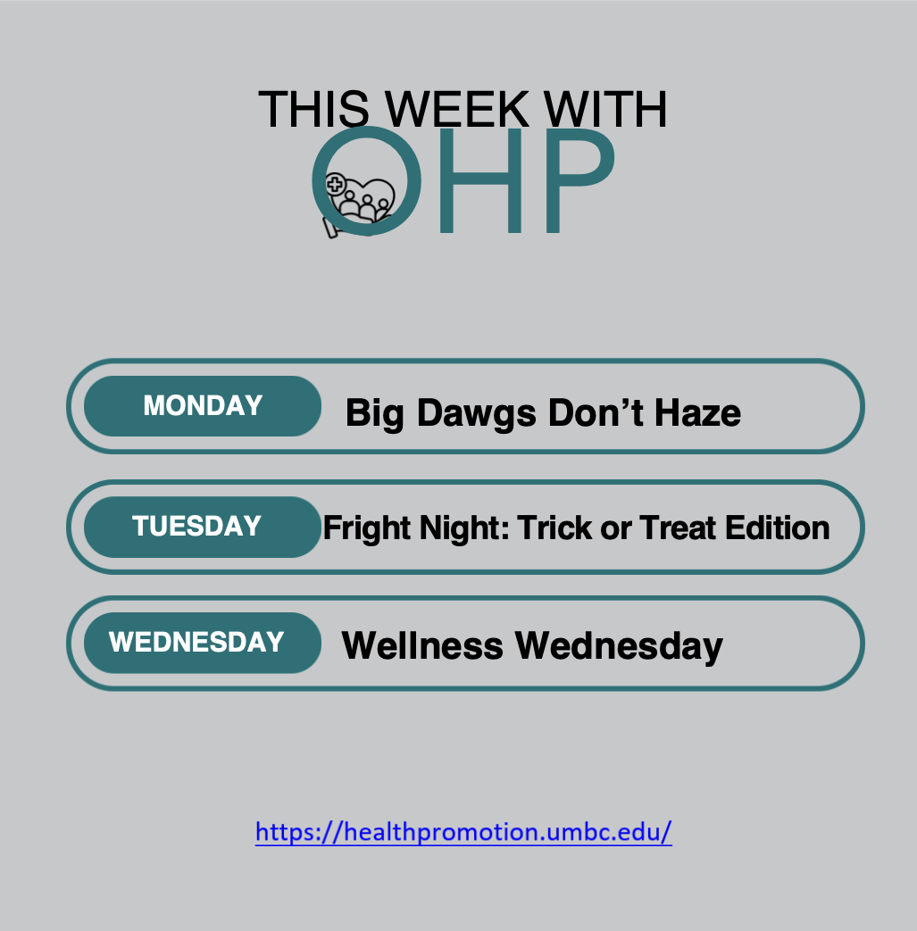 A “This Week with OHP” graphic featuring three UMBC Office of Health Promotion events: Big Dawgs Don’t Haze on Monday, Fright Night: Trick or Treat Edition on Tuesday, and Wellness Wednesday on Wednesday. The graphic has a gray background with teal outlines and accents, black text, and a link to the OHP website at the bottom.