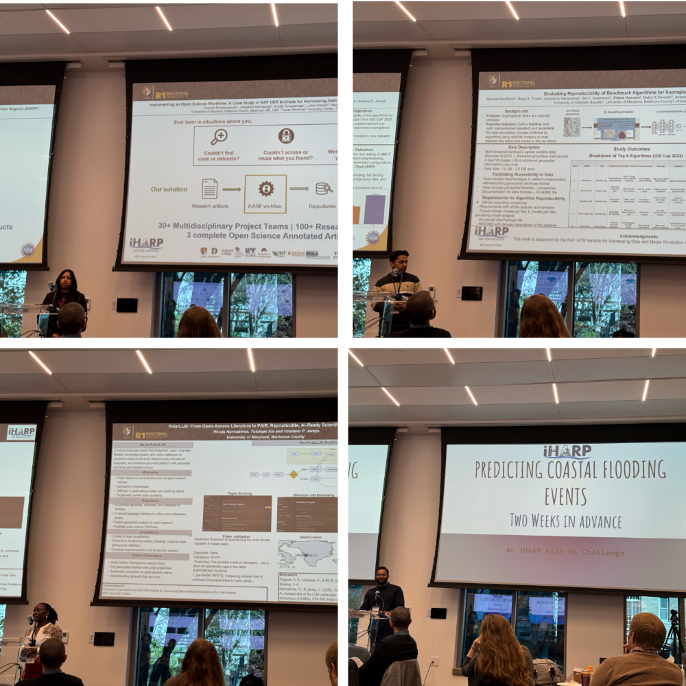 A four-panel collage showing various presenters at an iHARP research conference. Each panel features a different speaker standing at a podium next to a large projection screen displaying technical slides. The presentations cover topics such as open science workflows, reproducibility of benchmark algorithms, "PolarLLM" for scientific literature, and predicting coastal flooding events. The setting is a modern lecture hall with an audience visible in the foreground.