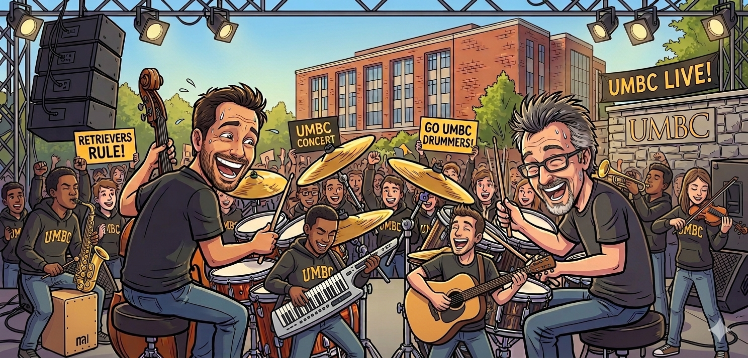 Carton of Professor Arenas Gomez and McAlpine playing the drums on stage in front of UMBC students who joined in