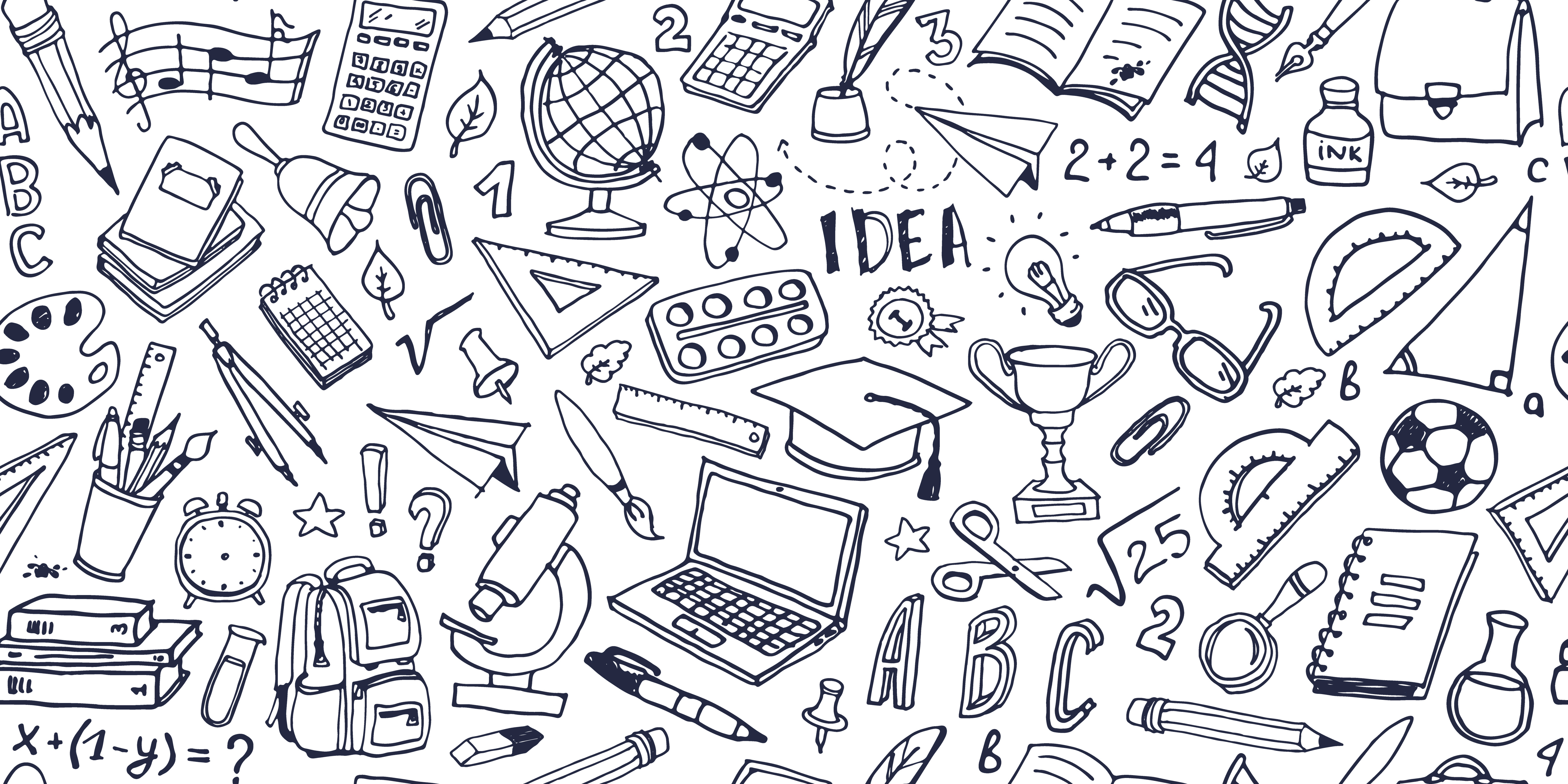 A black-and-white, hand-drawn doodle pattern on a white background, featuring a dense collection of school and education-themed icons.