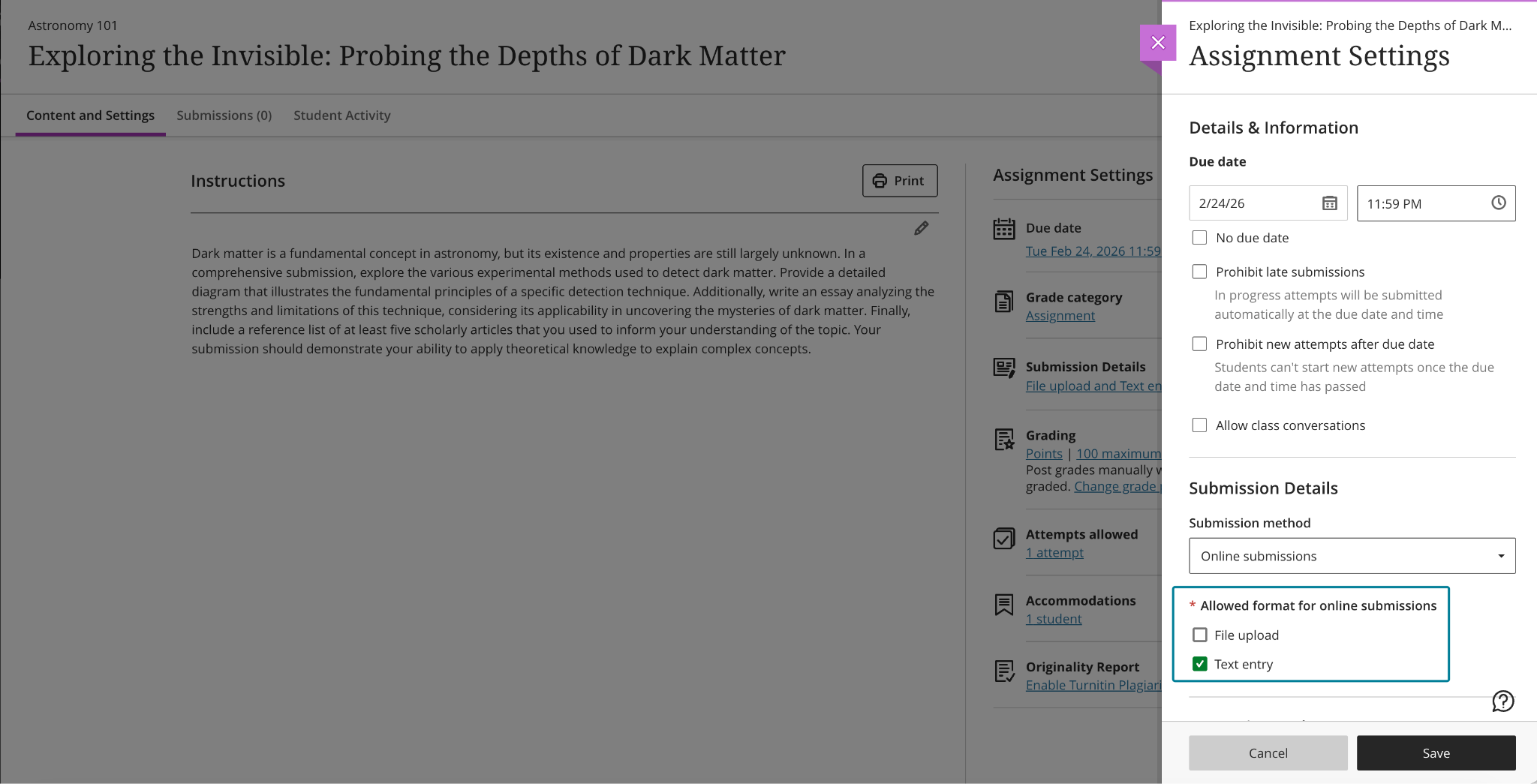 Image 2: Instructors can choose one or more submission types when configuring an assignment.
