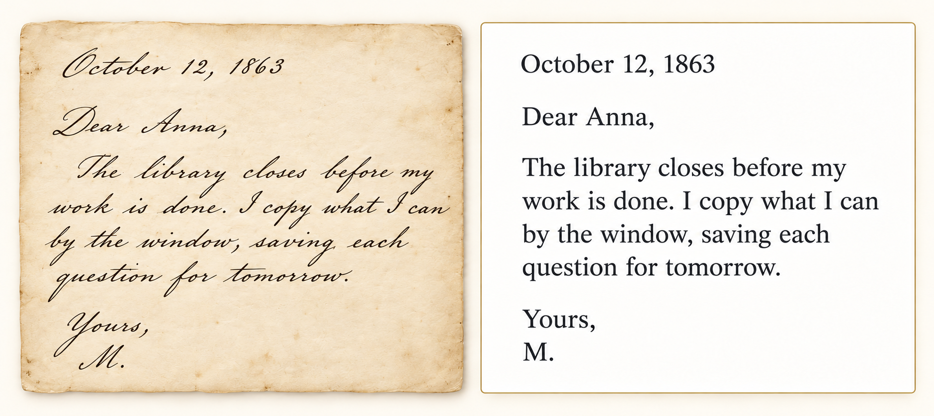 A handwritten letter dated October 12, 1863, appears beside a typed transcription of the same text, demonstrating two ways to access the document.