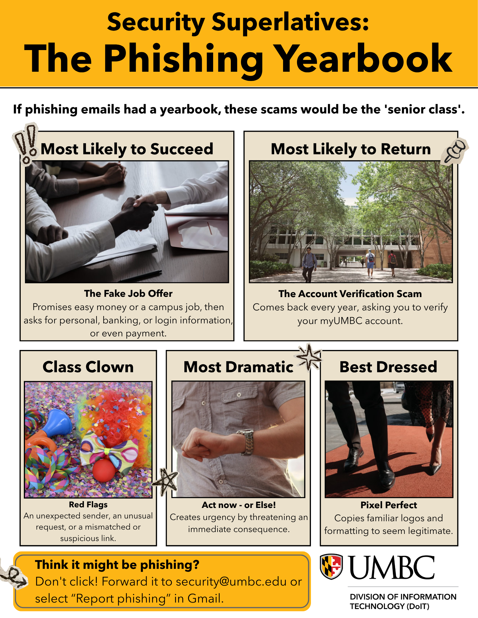 Infographic titled “The Phishing Yearbook” highlights various phishing scams with images and brief descriptions; includes tips for reporting suspicious emails at UMBC.