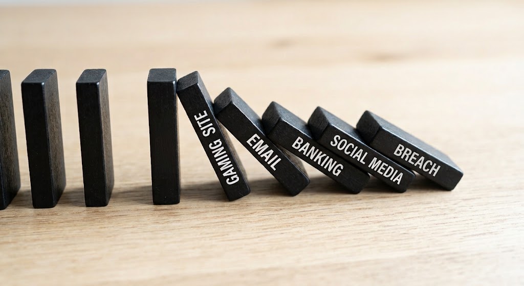 A line of black dominoes on a wooden surface, showing them in the act of falling in a cascading chain reaction. Several of the angled and fallen dominoes feature white text that reads, from left to right: GAMING SITE, EMAIL, BANKING, SOCIAL MEDIA, and BREACH.