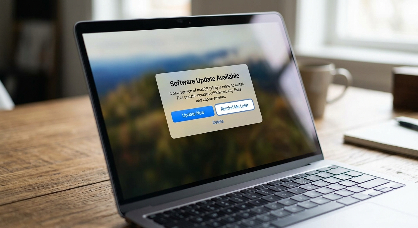 A modern laptop open on a wooden desk displaying a system notification window titled 'Software Update Available' with two action buttons: 'Update Now' highlighted in blue and 'Remind Me Later' next to it.