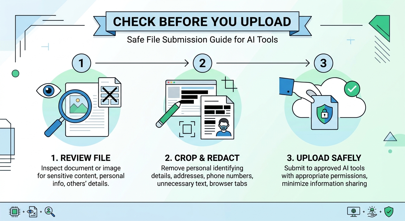 Infographic titled 'Check Before You Upload: Safe File Submission Guide for AI Tools' showing a 3-step horizontal workflow: Step 1 'Review File' with a magnifying glass icon; Step 2 'Crop & Redact' showing a document with blacked-out sensitive text; and Step 3 'Upload Safely' showing a locked file being uploaded to a secure cloud.