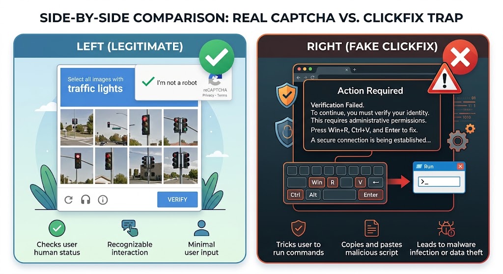Side-by-side comparison infographic titled "Real CAPTCHA vs. ClickFix Trap". The left side shows a legitimate reCAPTCHA traffic light prompt with a green checkmark. The right side shows a fake ClickFix pop-up instructing the user to press Win+R, Ctrl+V, and Enter to fix a verification failure, marked with a red warning icon.