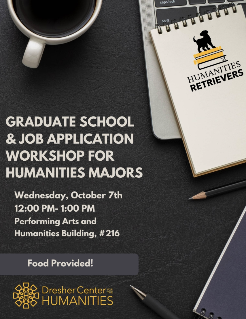 Grad School & Job Flyer with coffee cup, pens, and notepad