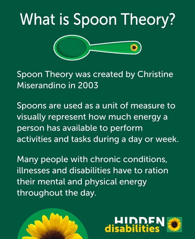 Spoon Theory was created by Christine Miserandino in 2003 Spoons are used as a unit of measure to visually represent how much energy a person has available to perform activities and tasks during a day or week. Many people with chronic conditions, illnesses and disabilities have to ration their mental and physical energy throughout the day.