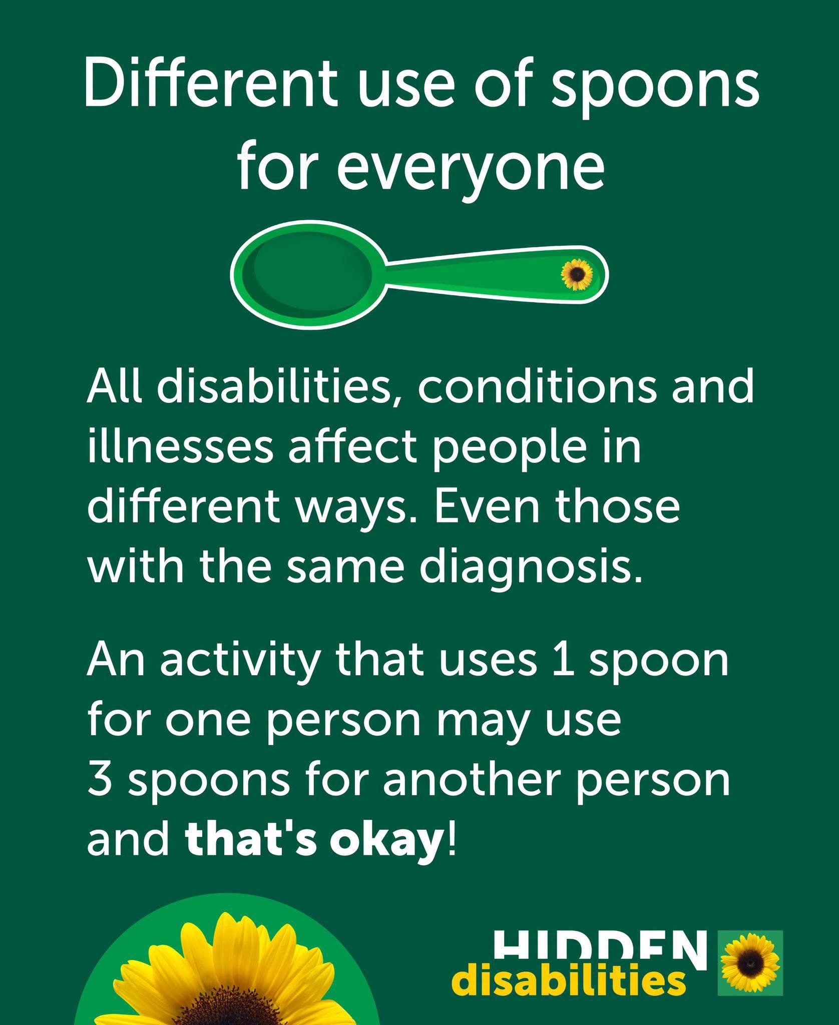 All disabilities, conditions and illnesses affect people in different ways. Even those with the same diagnosis. An activity that uses 1 spoon for one person may use 3 spoons for another person and that's okay!