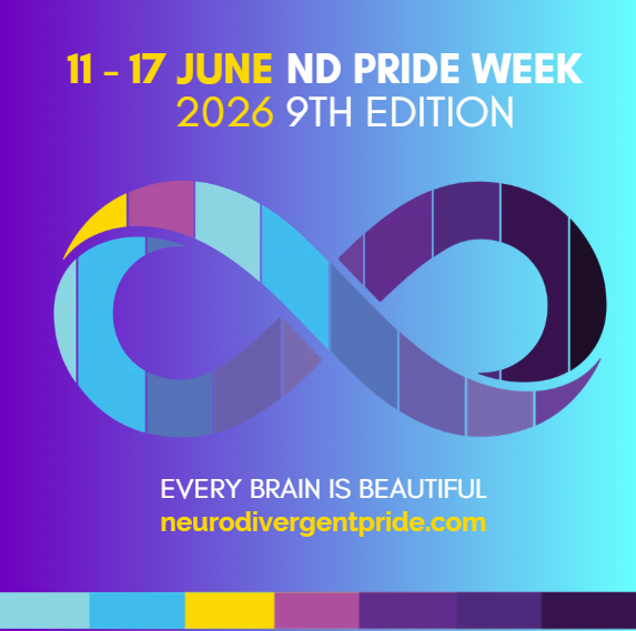 The text 11 -17 June ND Pride Week, 2026 9th edition is over a rainbow colored infinity symbol. the background is blue.