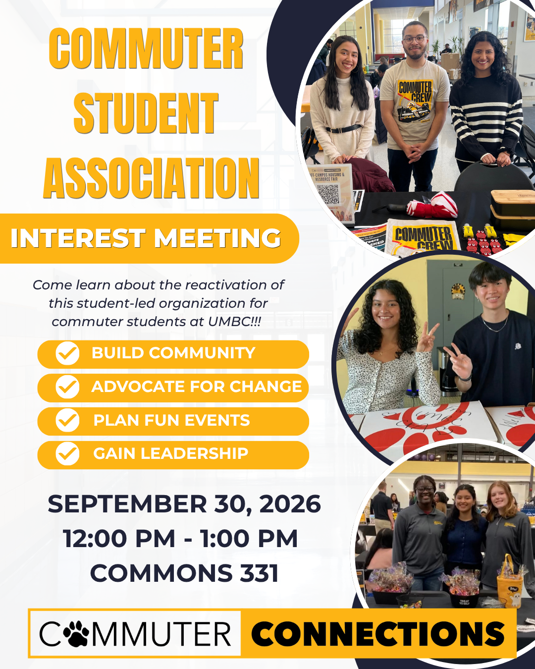 students smiling in circle frames, commuter student association interest meeting written in gold