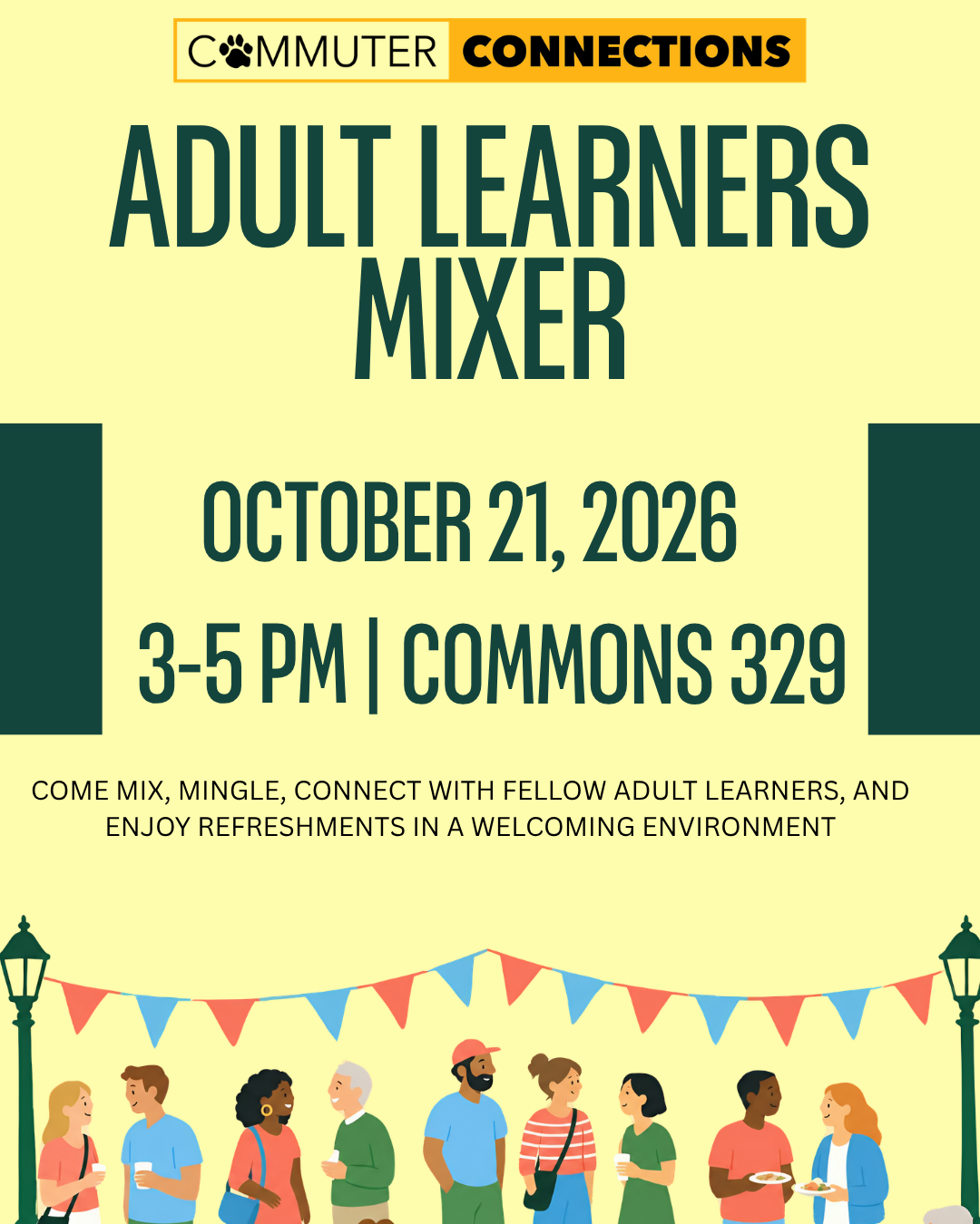 Commuter Connections Adult Learners Mixer flyer featuring a diverse group of adults socializing with refreshments beneath colorful pennant banners.