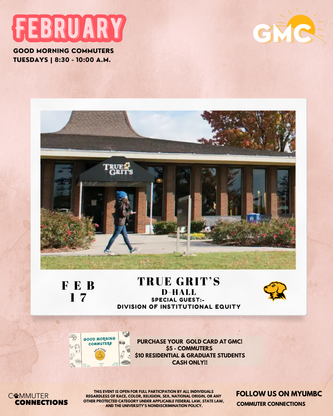 February Good Morning Commuters flyer with event time Tuesdays 8:30–10:00 A.M., featuring a photo of True Grit’s dining hall and details for the Feb 17 event with the Division of Institutional Equity.