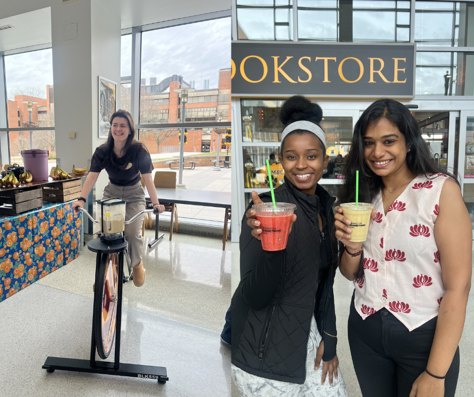 student on smoothie bike, two women smiling with a smoothie cup that says commuter connections