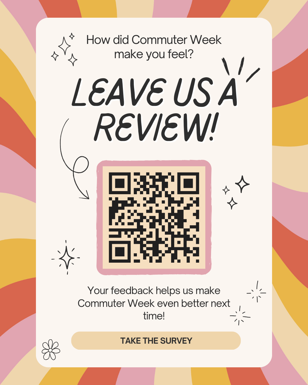 A colorful promotional flyer asking “How did Commuter Week make you feel?” with large text reading “Leave us a review.” A QR code is centered with decorative stars and arrows pointing toward it. Below, text says “Your feedback helps us make Commuter Week even better next time” and a button reads “Take the survey.”