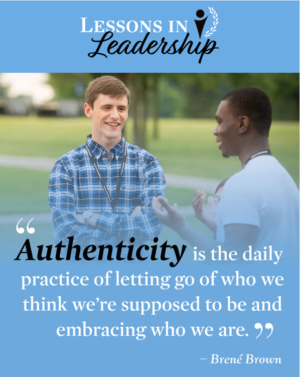 Lessons in leadership blue background, two students talking, Brene Brown quote