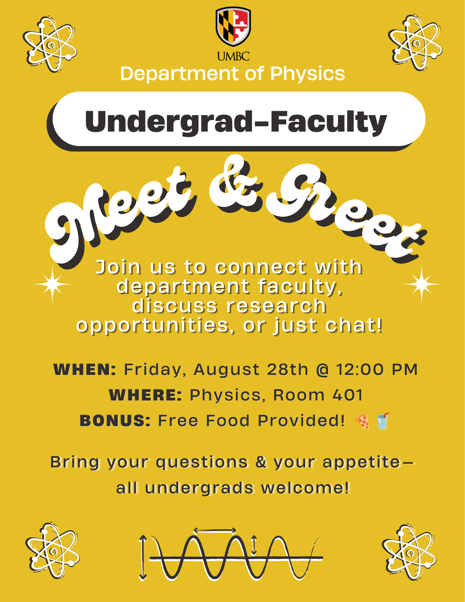 Yellow event flyer for UMBC Department of Physics reading "Undergrad-Faculty Meet & Greet." Text states: "Join us to connect with department faculty, discuss research opportunities, or just chat!" Event details list Friday, August 28th at 12:00 PM in Physics, Room 401, featuring free food. Graphic elements include the UMBC logo, atom icons, wave diagrams, and pizza and drink emojis.
