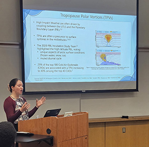 A woman stands at a wooden podium giving a presentation on "Tropopause Polar Vortices" with a detailed weather chart projected behind her.