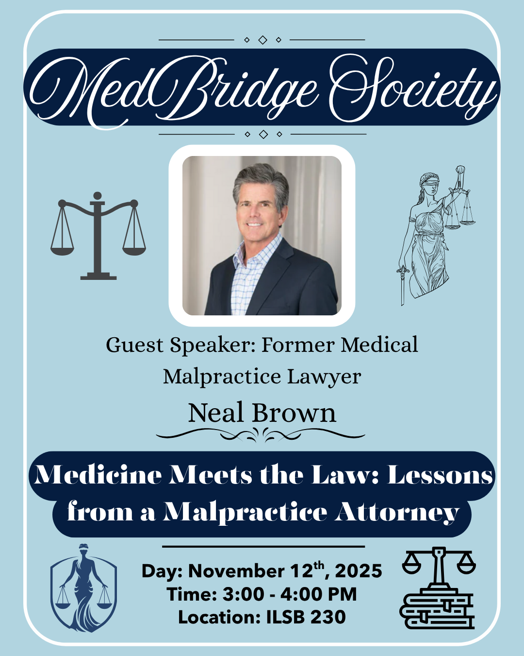 Light blue flyer with image of guest speaker in suit and decorative scales of jutice.