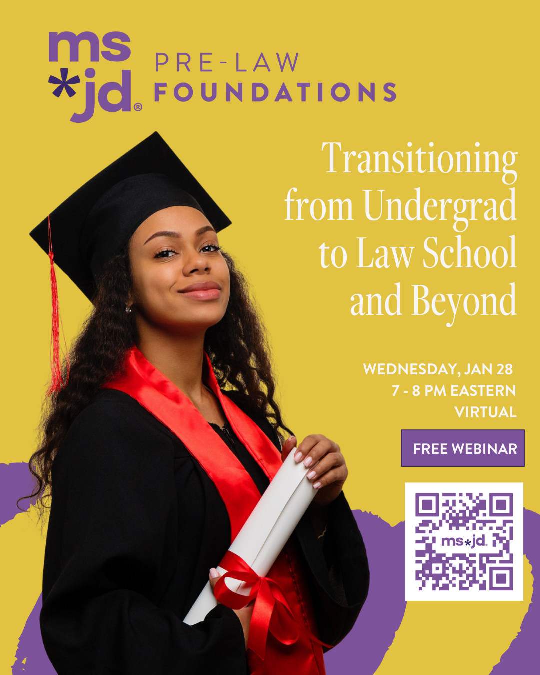 Image of woman smiling and wearing a black graduation cap and gown with red sash holding a diploma with QR code for event.