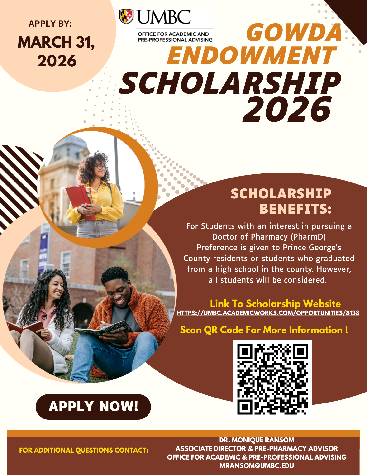 Flyer for the Gowda Endowment Scholarship. Deadline to apply is March 31, 2026. The link to apply to the scholarship can be found on the Scholarship Retriever website.
