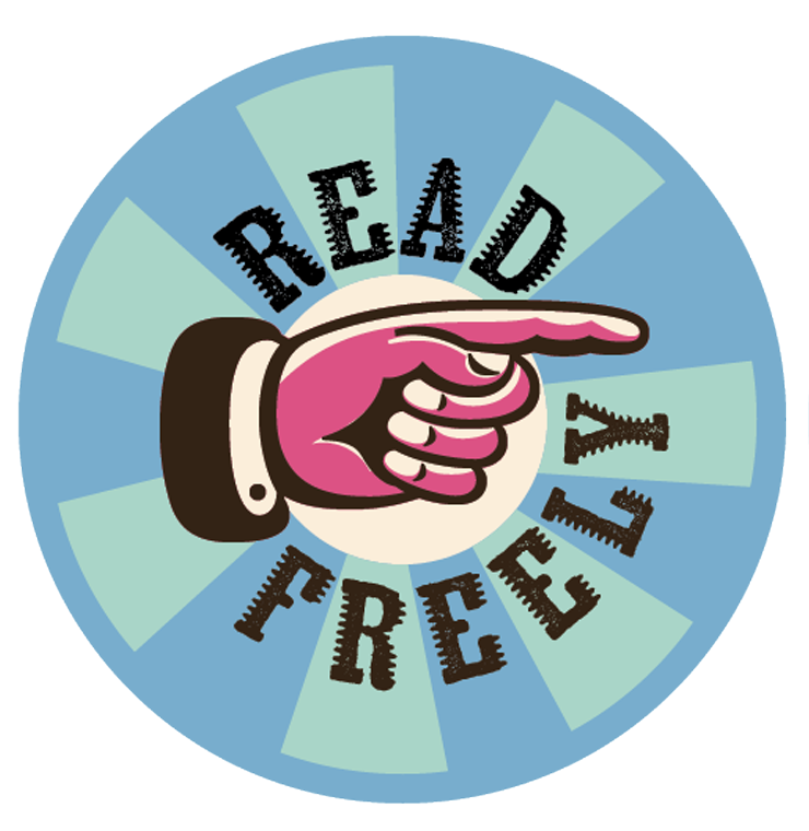 The image says "Read Freely" on a circular sticker with a pointing finger that's colored pink. The background is an alternating pattern of green and blue.
